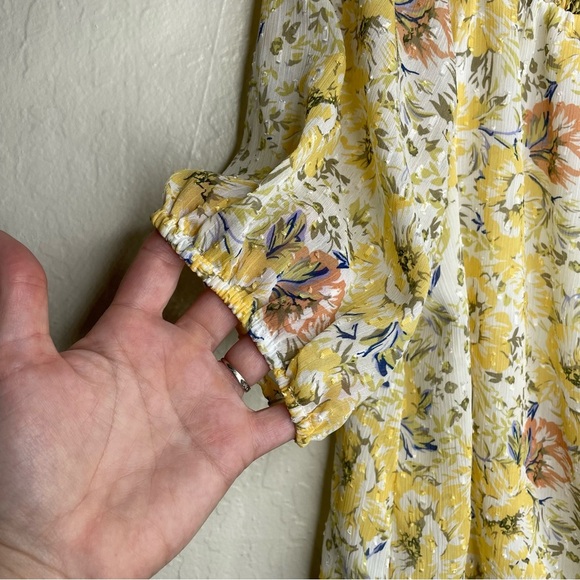 Joie Women's Yellow Floral Smocked Off Shoulder Chiffon Top M Cottagecore Boho - Picture 5 of 9
